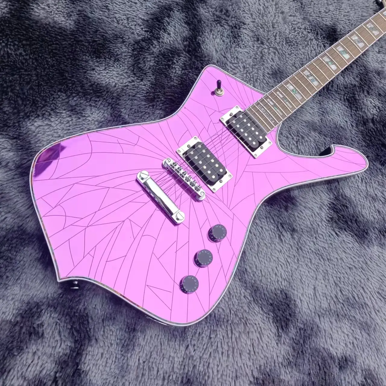 

2022!Purple / Gold ICEMAN Paul Stanley Signature Crack Mirror Electric Guitar Abalone & Pearl Inlay, Abalone Body Binding