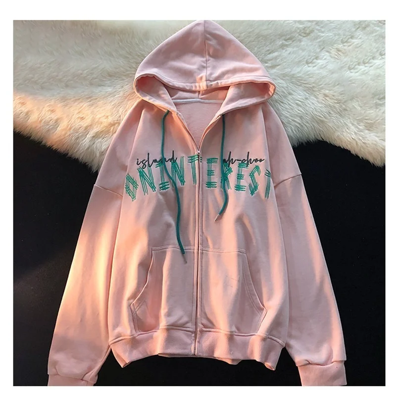 

Cardigan Zipper Loose Hoodies Women Long Sleeve Hooded Sweatshirts Vintage New American Letter Print Thin Autumn 2022 Women Coat