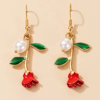 fashion lady red rose leaf flower drop dangle earrings for women pearl long pendant metal alloy earrings jewelry %d1%81%d0%b5%d1%80%d1%8c%d0%b3%d0%b8