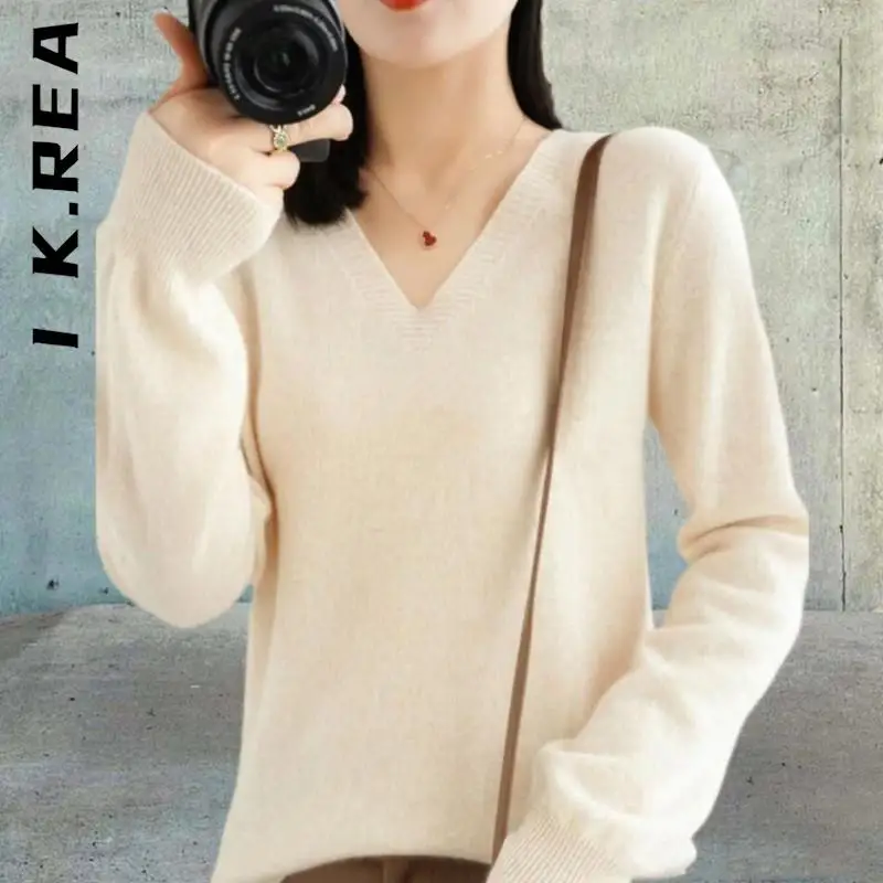

Женский Теплый вязаный свитер I K.Rea, свободный простой сексуальный топ в стиле Харадзюку С V-образным вырезом, мягкая одежда для женщин