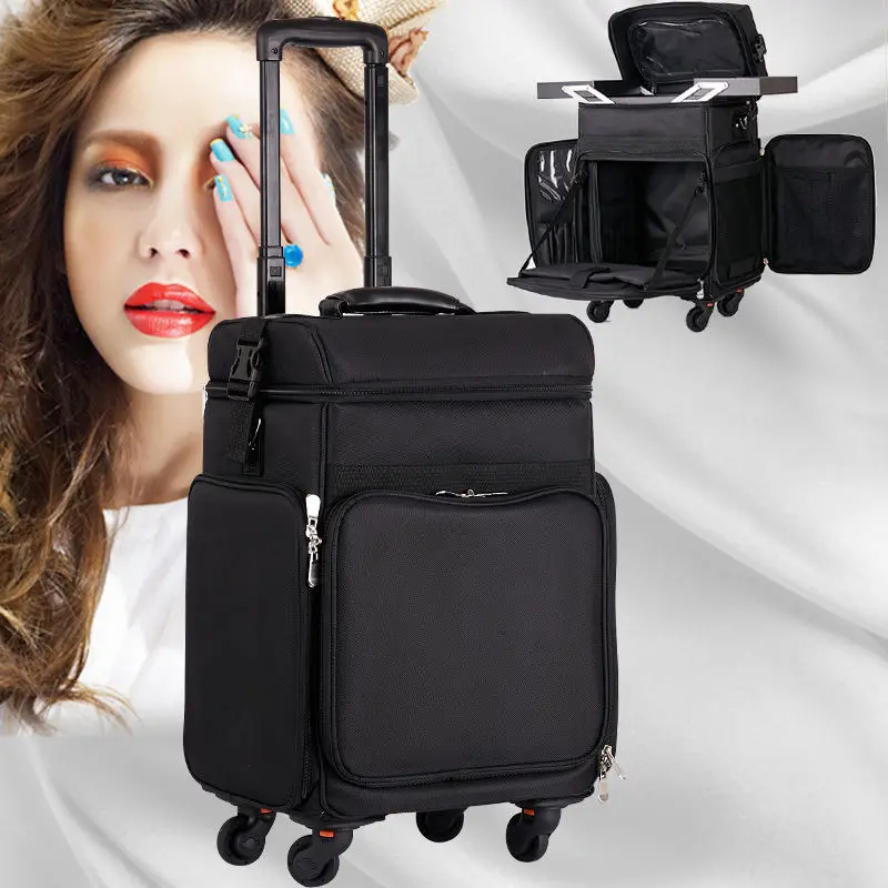 

Women Large Trolley Cosmetic Bag Casees Nail Makeup Toolbox Trolley Suitcase,Multifunction Make Up Tattoo Box Rolling Luggage
