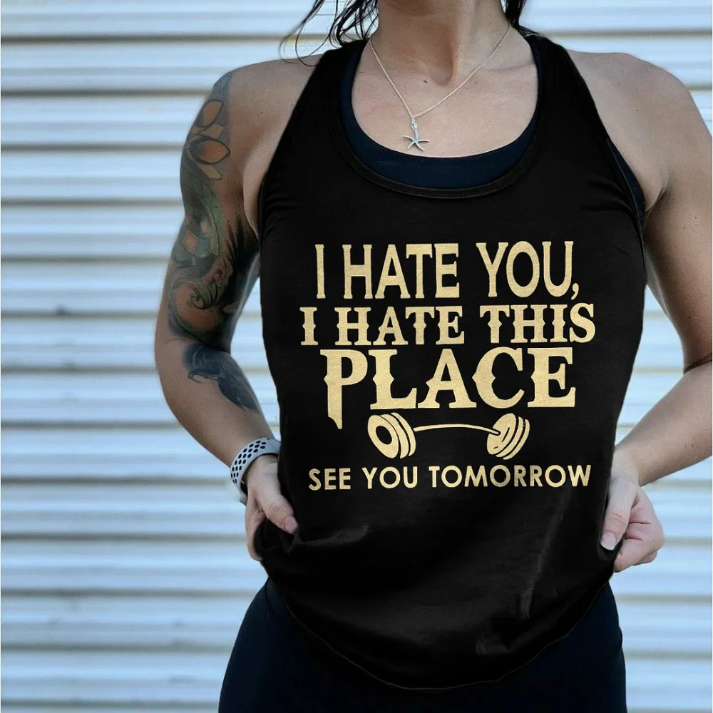 

Rheaclots Women's I Hate You, I Hate This Place Printed Muscle Fitness Dumbbell Sports Vest Tank Top