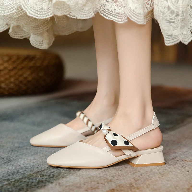 

Сандалии Baotou женские на низком каблуке, босоножки с ремешком на пятке, квадратный носок, неглубокий Носок, жемчуг, высокий каблук, Туфли Мэри Джейн, лето