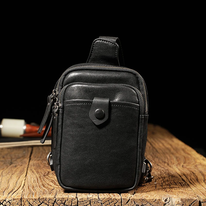 Leather day small chest bag men's fashion brand first layer cowhide casual crossbody bag tooling single shoulder mobile phone ba