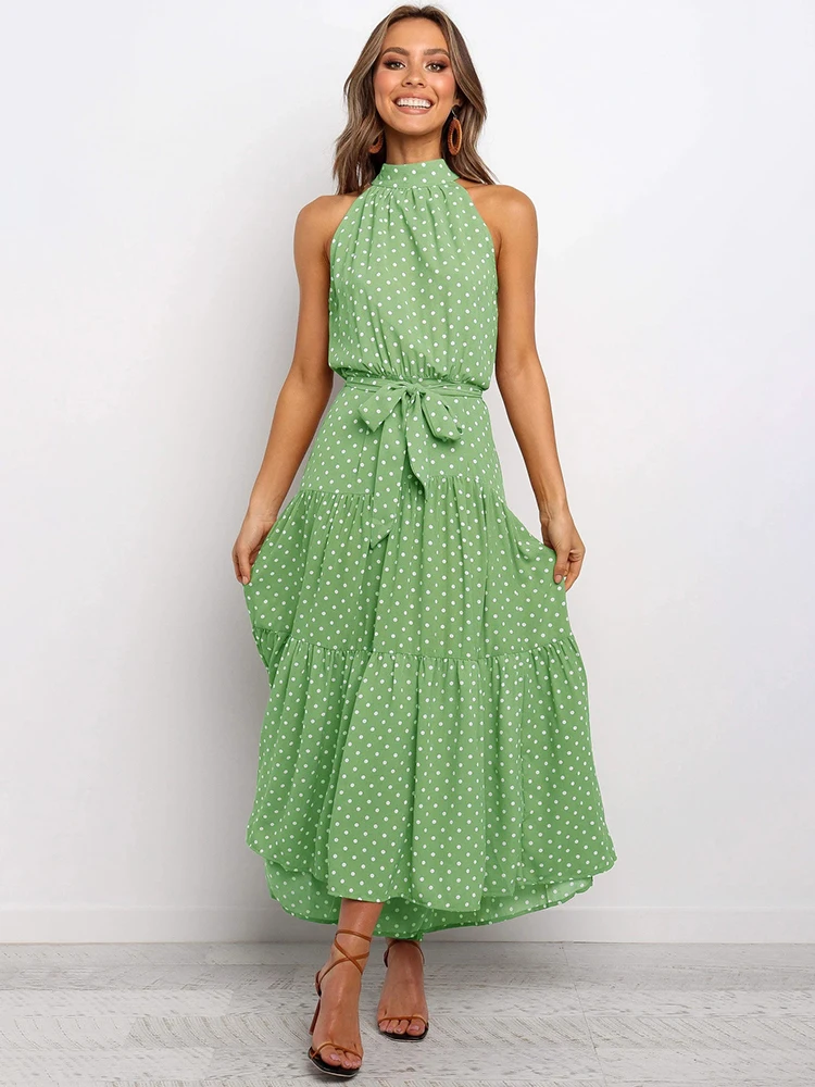 

Summer New Long Dress Polka Dot Casual Dresses Black Sexy Halter Strapless Yellow Sundress Vacation Clothes Women