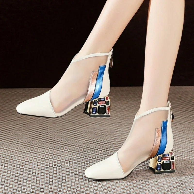 

Leather Women Shoes Soft Leather Thick Heel Women Sandals 2022 New Sexy Square Toe Sandals Breathable Mesh Hollow Fashion Boots