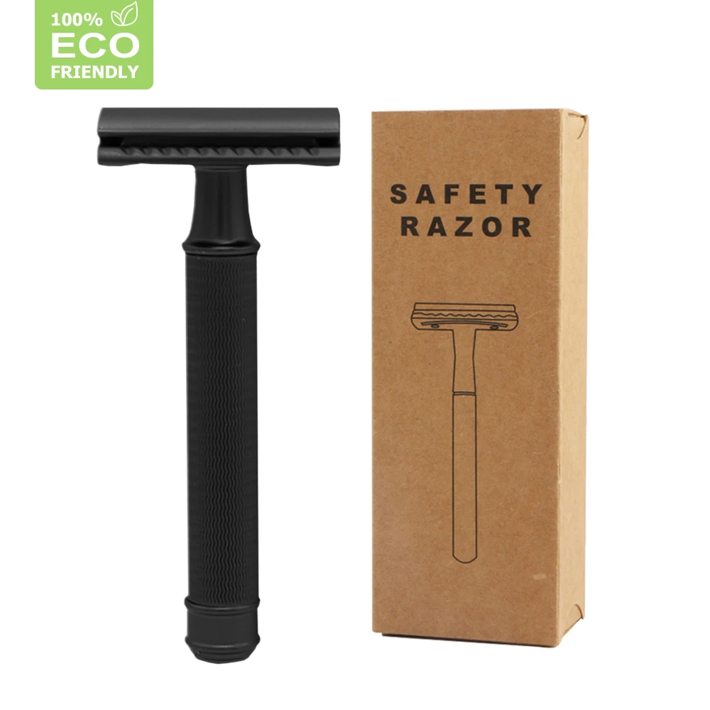 Cool Black Razor Metal Double Edge Safety Razor for Men Reusable Manual Shaving Razor with 20 Blades Plastic Free&Zero Waste