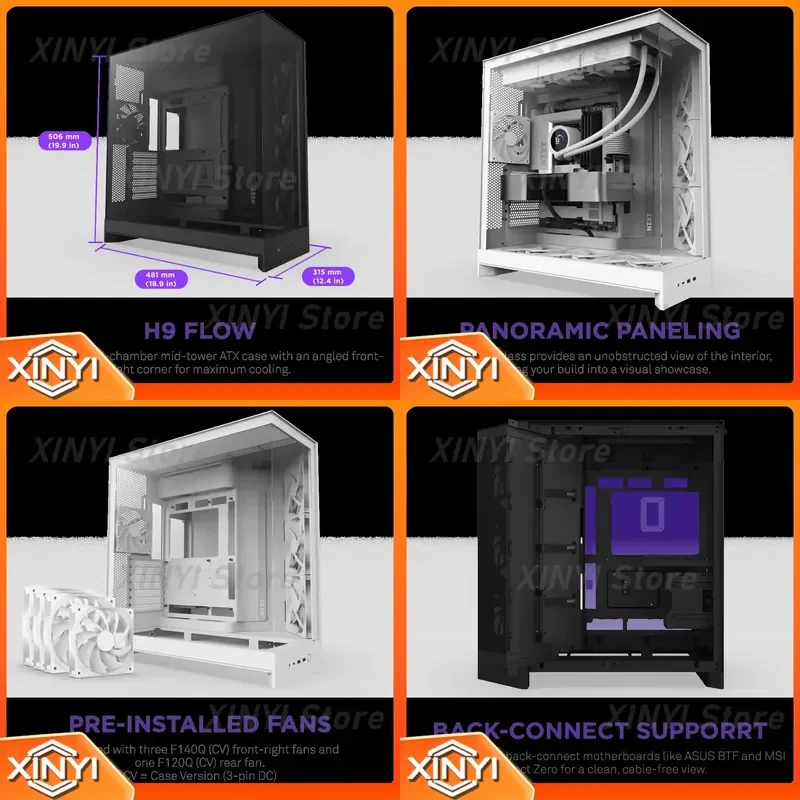 Фото Корпус для игрового ПК NZXT H9 Flow Black White Mid Tower ATX с закаленным стеклом и 4 предустановленными вентиляторами для самостоятельной сборки настольного компьютера №1