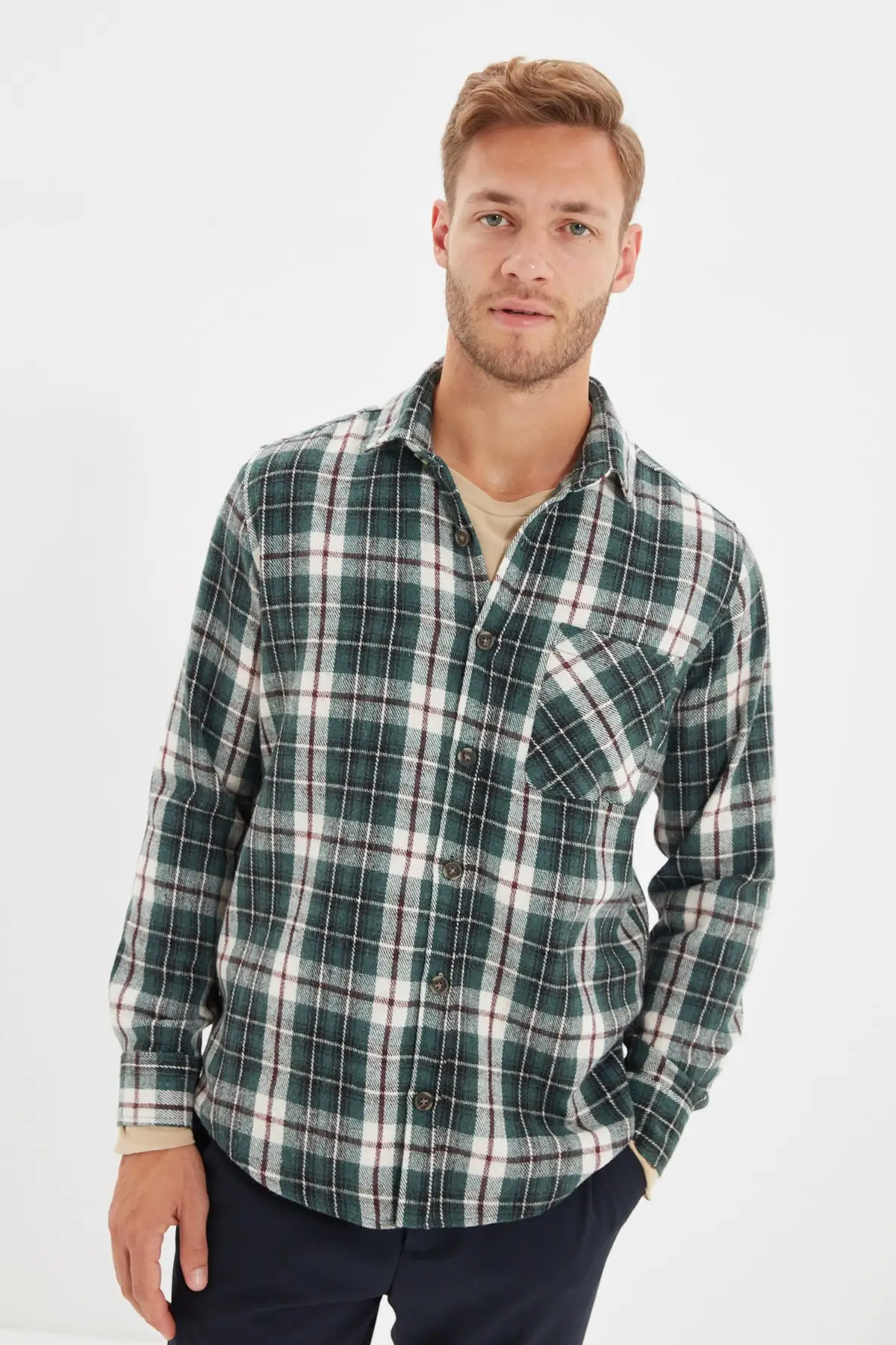 Trendyol Male Slim Fit Buttoned Collar Single Pocket Lumberjack Plaid Long-Sleeve Shirt TMNAW22GO0045 |
