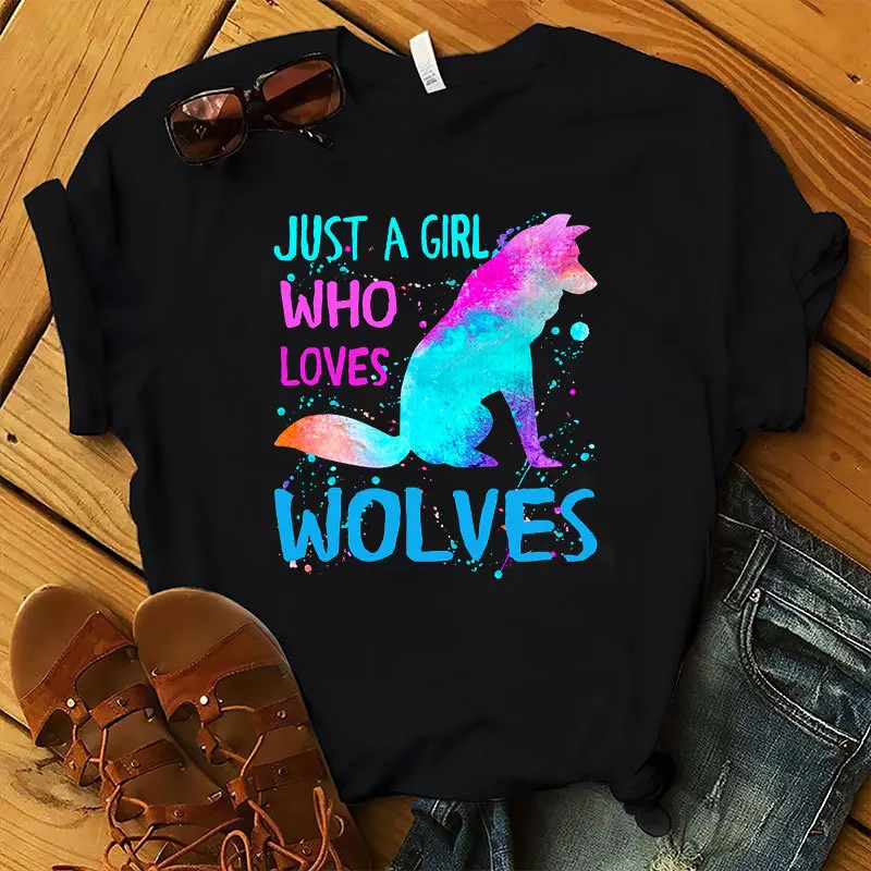 

Just A Girl Love Wolves Print Women T Shirt Short Sleeve O Neck Loose Women Tshirt Ladies Tee Shirt Tops Camisetas Mujer