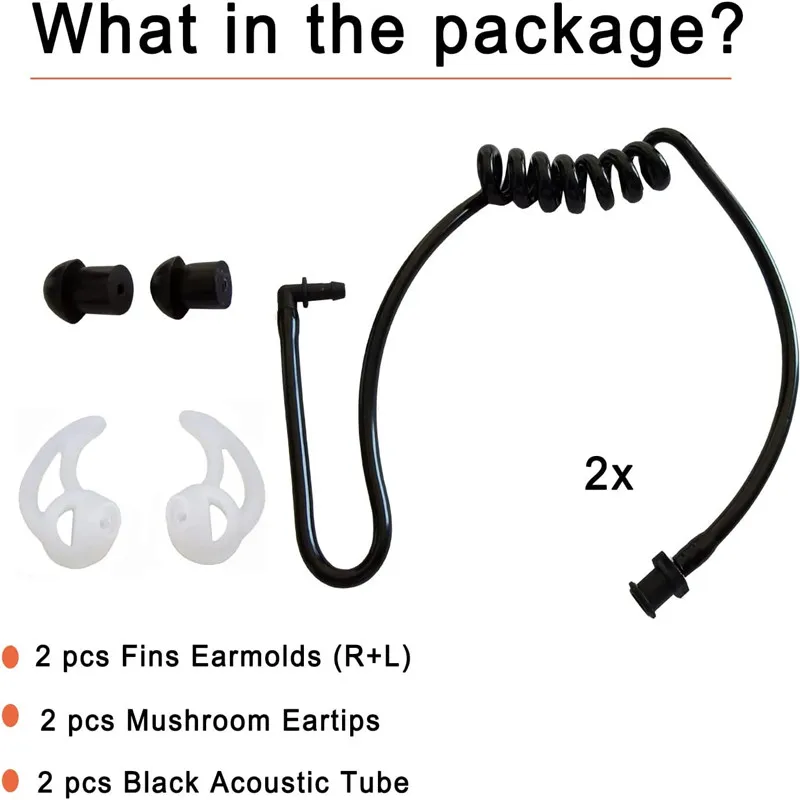 2 Pack Black FBI Style Earpiece Replacement Acoustic Tube with Fins Ear Mold for Two Way Radio Uv5r 888s Baofeng Speaker Mic