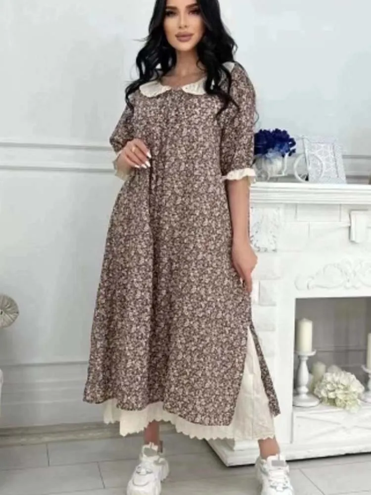 

Vintage Japanese Style Dress Women Floral Print Lace Up Cotton Linen Dress Female Summer Short Sleeve Casual Loose Long Dresses