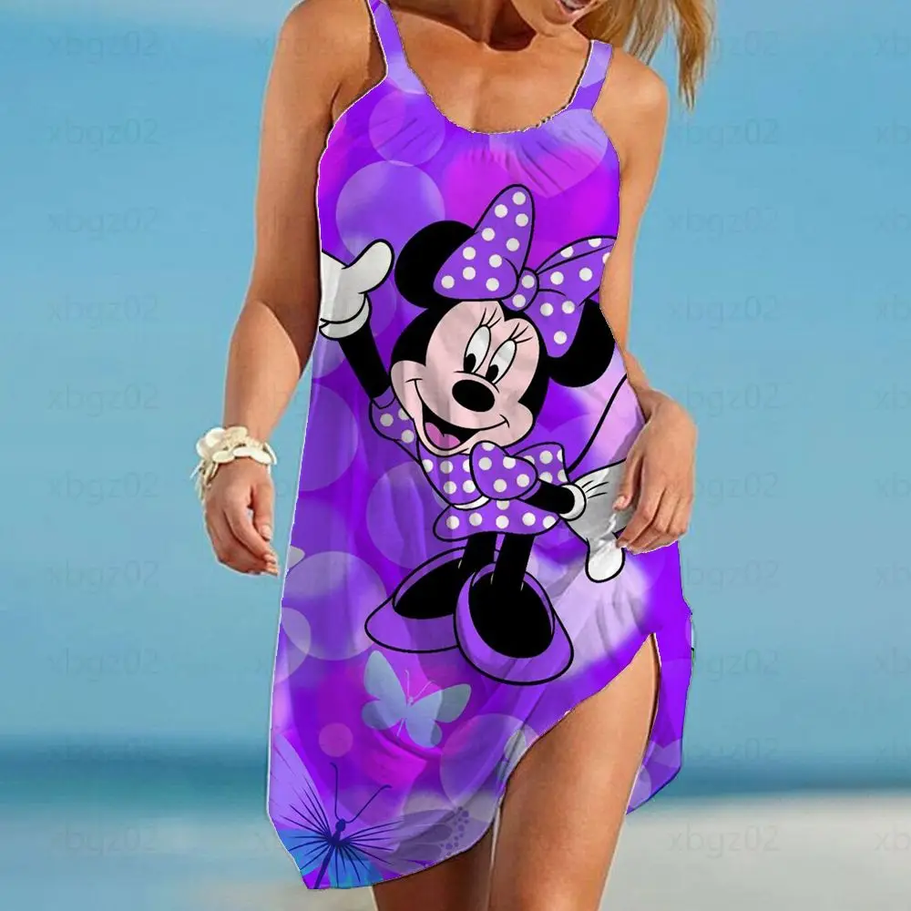 Elegant Dresses for Women Sexy 2022 Minnie Mouse Women's Dress Sling Summer Woman Beach Boho Disney Loose Print Mickey Fashion