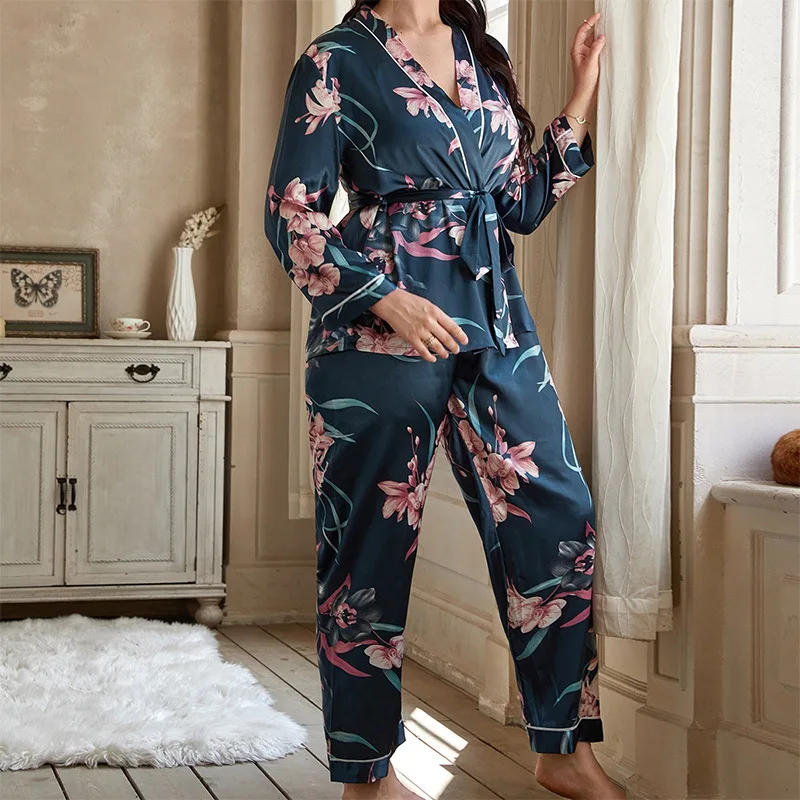 

Loose Women's Pajama Set Floral Print 2 Pcs with Pant Ladies Satin Sleepwear with Sashes V Neck Pyjama Suit for Female