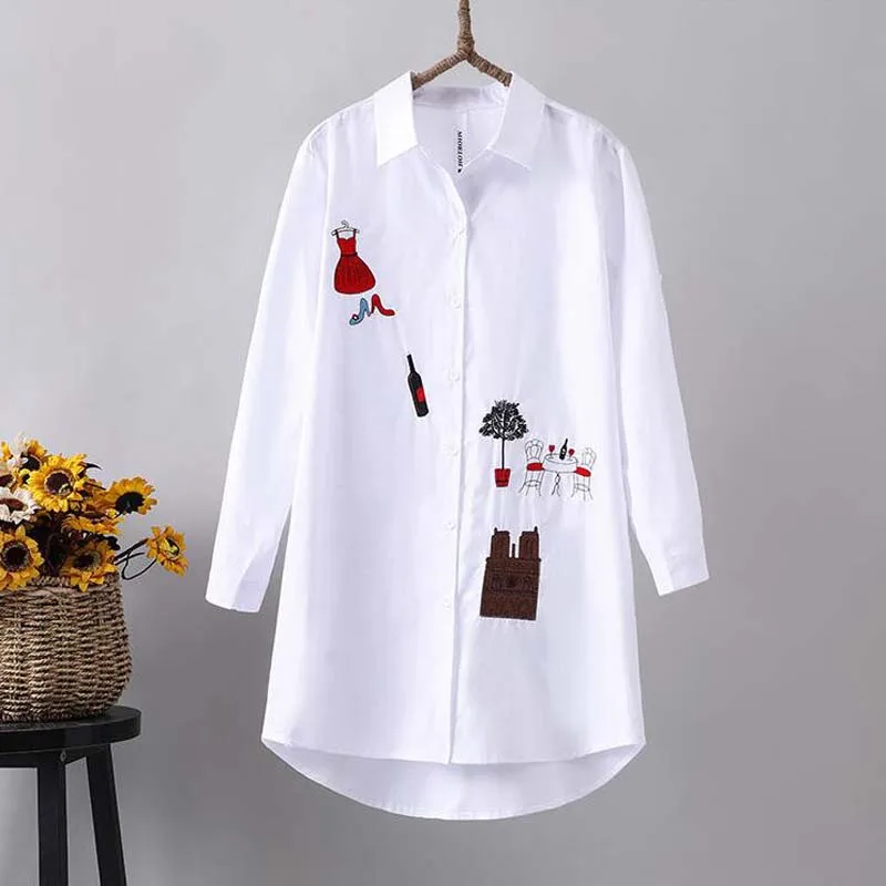 

Blouse Embroidery Feminina HOT Sale New Women White Shirt 100% Cotton Casual Wear Button Up Turn Down Collar Long Sleeve