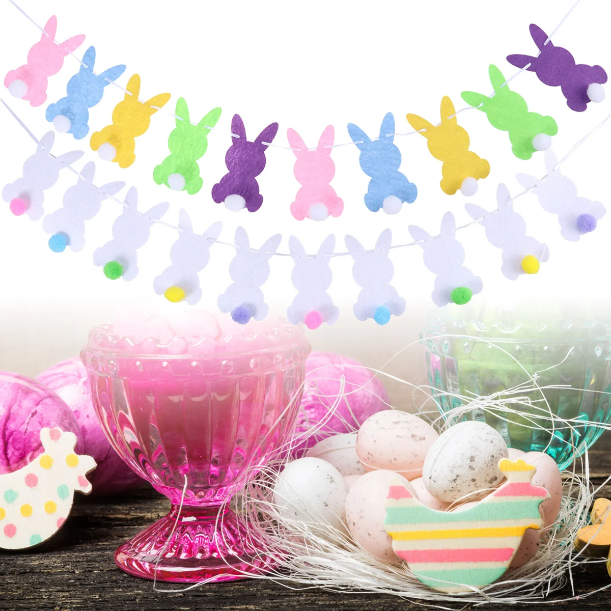 

Easter Banner Happy Bunting Party Decorations Garland Pompon Fireplace Burlap Decor Background Wall Creative Pennant Felt