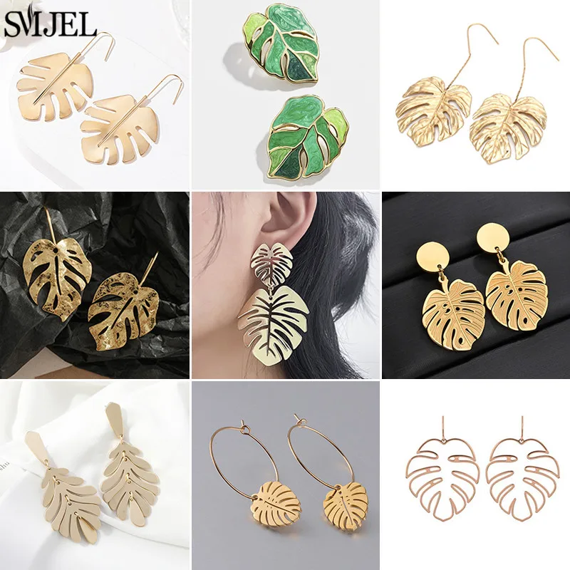 

SMJEL Vintage Metal Big Leaf Earrings for Women Summer Monstera Jewelry Fashion Palm Leaves Earings Statement Piercing Brincos