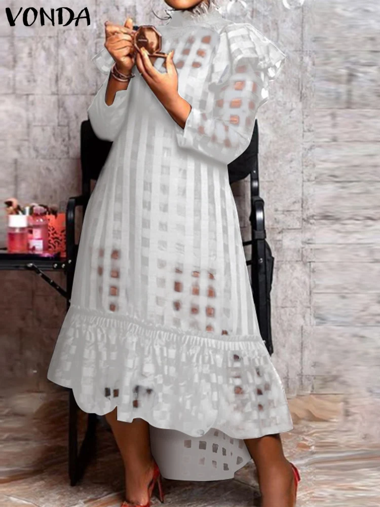 

See-through Midi Dress VONDA 2022 Bohemian High Collar Sexy Mesh Thin Beach Sundress Casual Ruffled Women Party Robe No lining