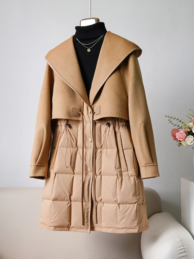 

2022 New Winter Jacket Women Hooded 90% Wool 10% Cashmere Wool Blends Thick Warm Goose Down Long Coat Fashion Belts