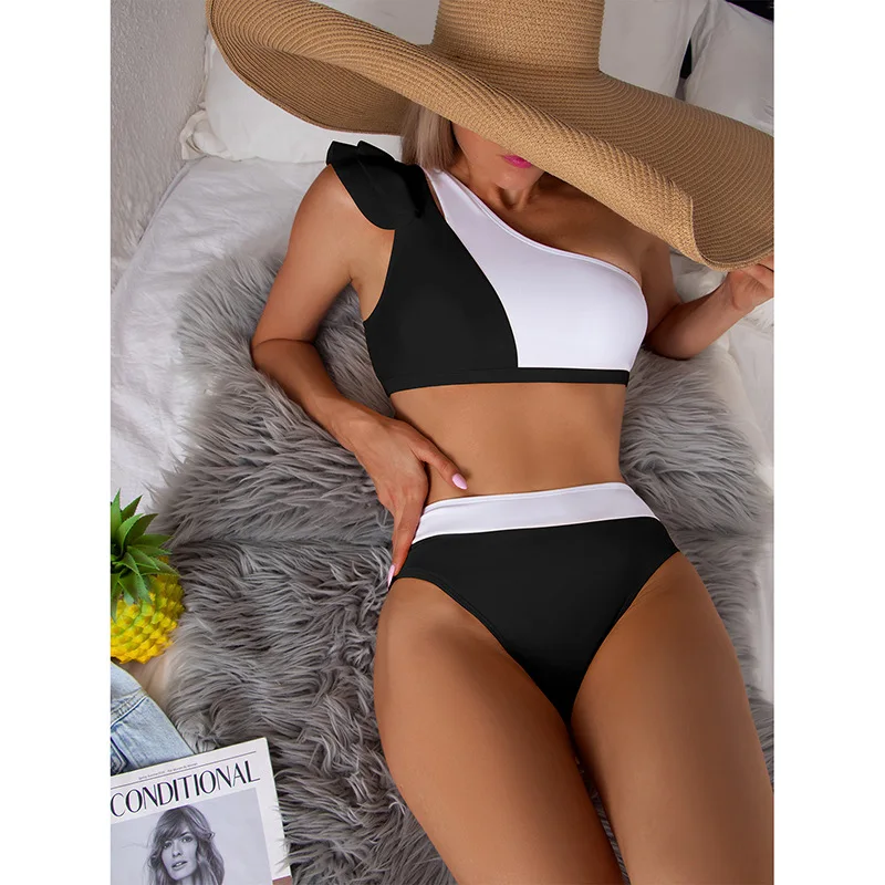 2022 High Waist Colorblock Swimwear Woman 2 Pieces Bodysuit Bathing Suit Summer Bikini Set