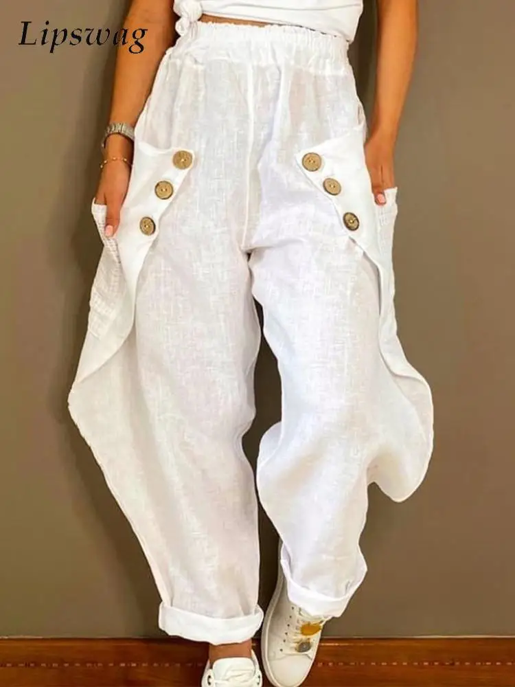 

Fashion Casual Button High Waist Pant Women Solid Big Pocket Harem Pants Elastic Waist Loose Thin Wide-leg Cotton Linen Trousers