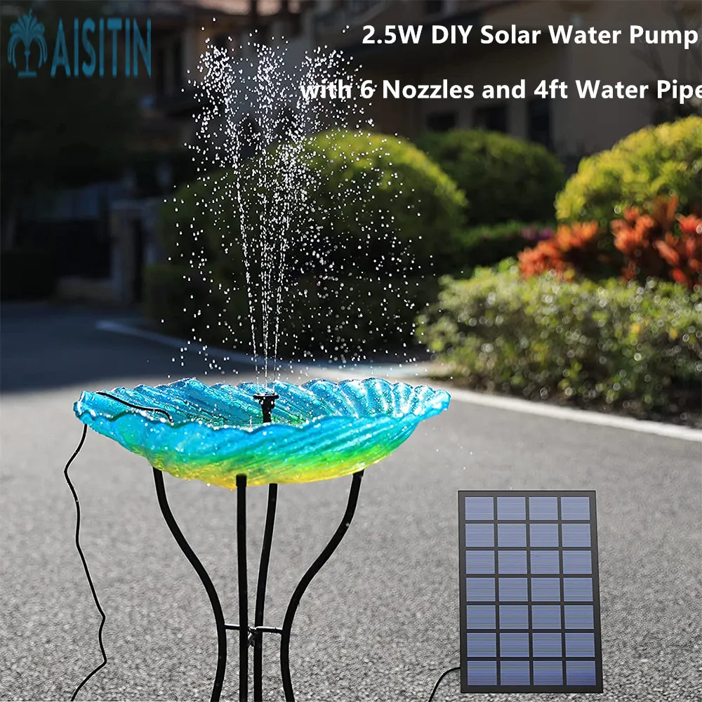AISITIN Solar Fountain Pump with Panel 2.5W DIY Solar Water Pump Kit with 6 Nozzles and 4ft Water Pipe, Solar Pump for Bird Bath