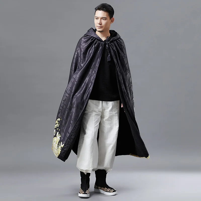 

Ethnic Winter Men Coat Cloak Hooded Cape Retro Pattern Costume Black Trench Windbreakers
