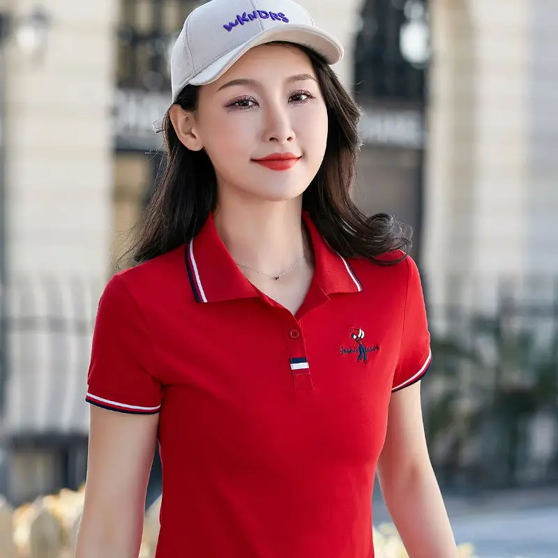

2021 Summer Women Slim Golf Polo Shirts Lady Casual T Shirts 95% Cotton Embroidery Logo Female Short Sleeve Shirt Office Tops