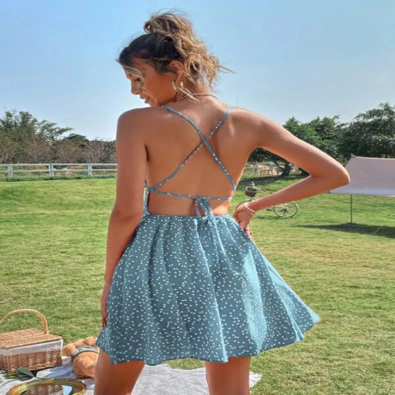 

Однотонные сексуальные платья на бретельках для девушек, женское модное платье с принтом в виде Foral, платье на шнуровке с открытой спиной, пл...