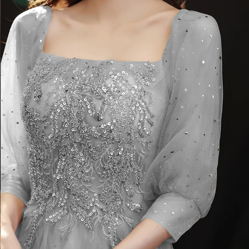 Grey evening dress new spring banquet temperament celebrity small presenter slim evening dress