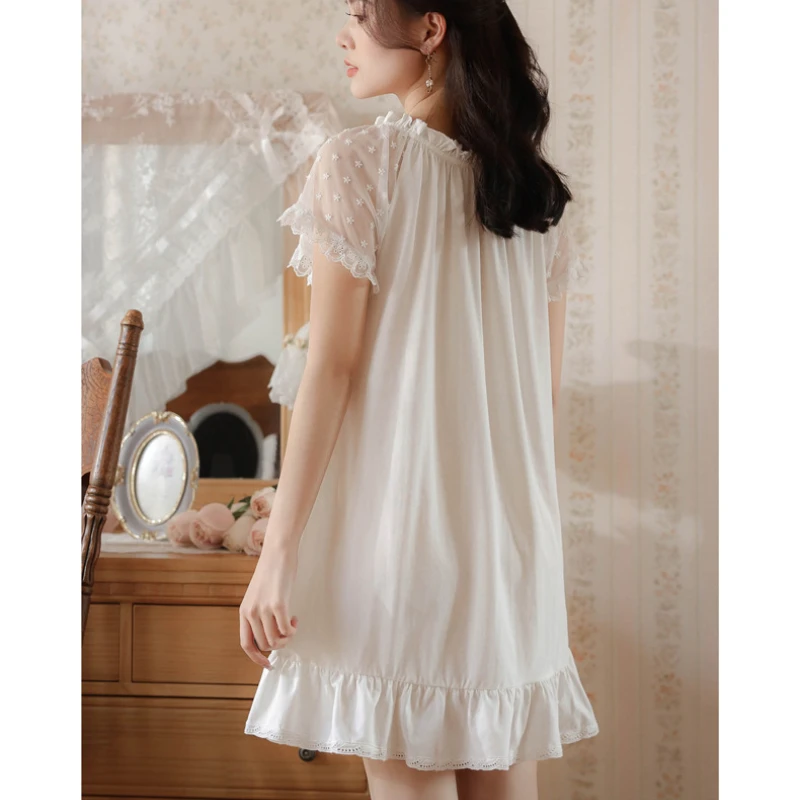 Sweet Cotton Night Dress Women Summer White Sexy Nighty Lace Short Sleeve Mini Nightdress Vintage Nightgowns Princess Sleepwear