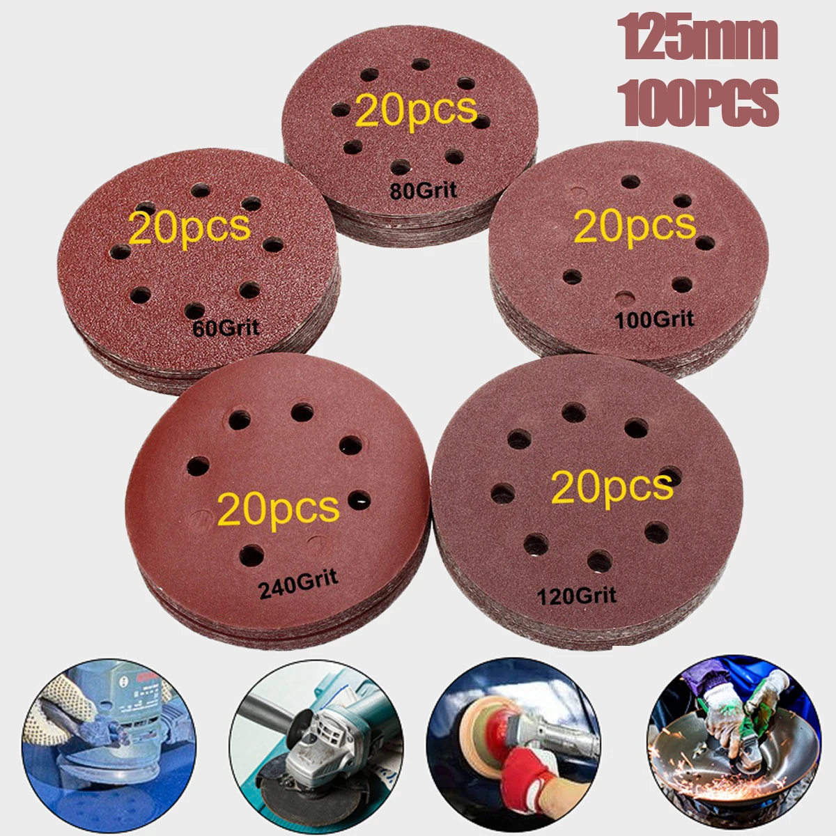 

125mm 100pcs 60 80 100 120 240 Grit Round Shape Sanding Discs Buffing Sheet Sandpaper 8 Hole Sander Polishing Pad Each of 20