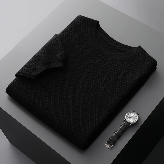 2023 Spring and Summer Men's Round Neck Knitted Short Sleeve T-shirt 100% Pure Wool Honeycomb Needle Fashion Versatile Coat Tops 6