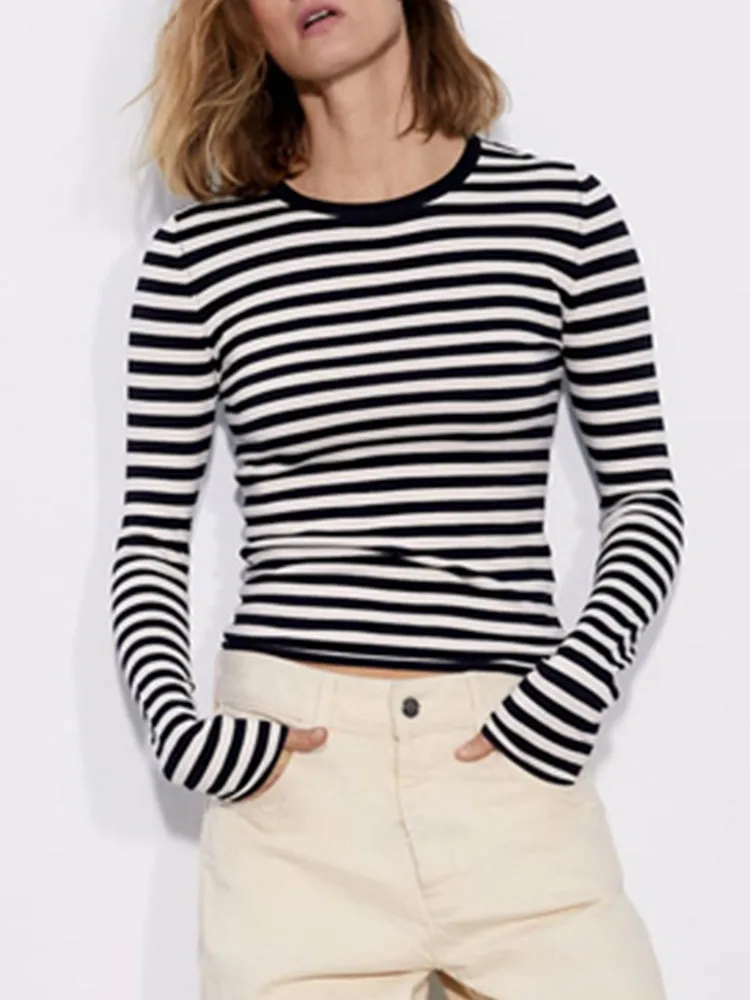 

Zach AiIsa Весенний Новый женский Ретро полосатый Универсальный простой круглый вырез с длинным рукавом тянущийся Тонкий Повседневный вязаный ...