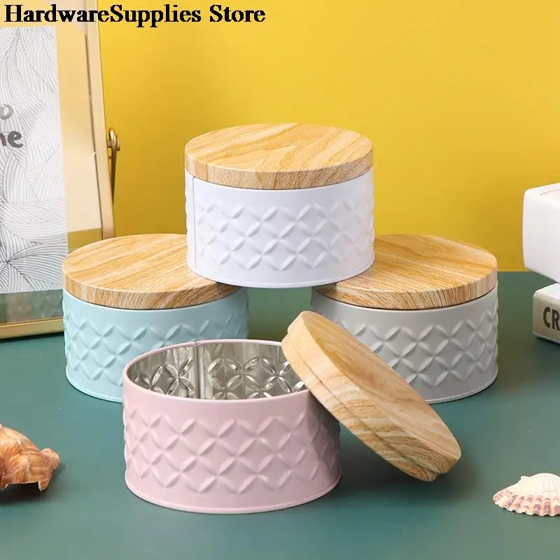 

Round Empty Iron Box With Wood Grain Lid Candy Storage Box Diy Candle Making Jar