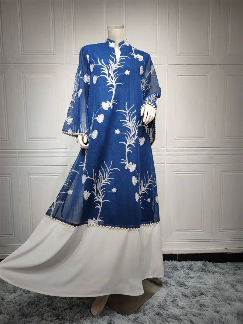 Dubai Long Woman Evening Dress Elegant Mesh Embroidery Belted Kaftan Panel Hem Robe Abayat 2022 Autumn Ladies Dresses