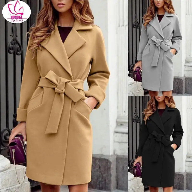 

SUSOLA Elegant Notched Collar Belt Woolen Coats Women 2022 Autumn Winter Solid Color Slim Pockets Medium Length Outerwear