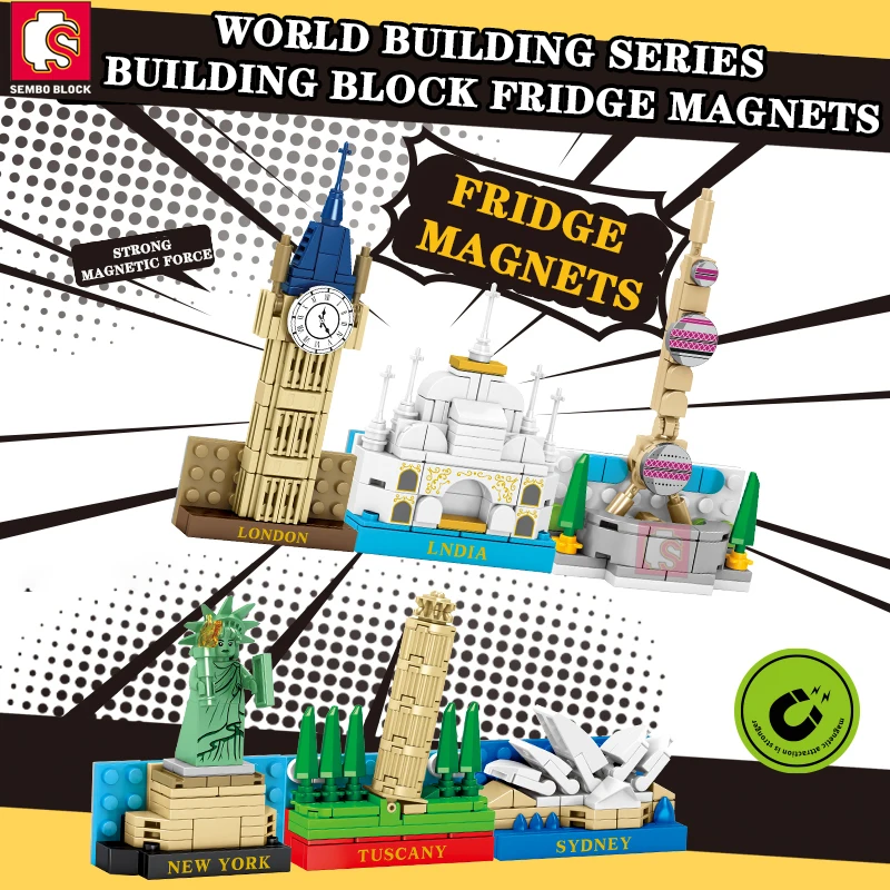 

SEMBO BLOCK World Landmark Fridge Magnets Bricks Building Blocks Kawaii DIY Playsets Display Idea Gifts Toys Children Adults