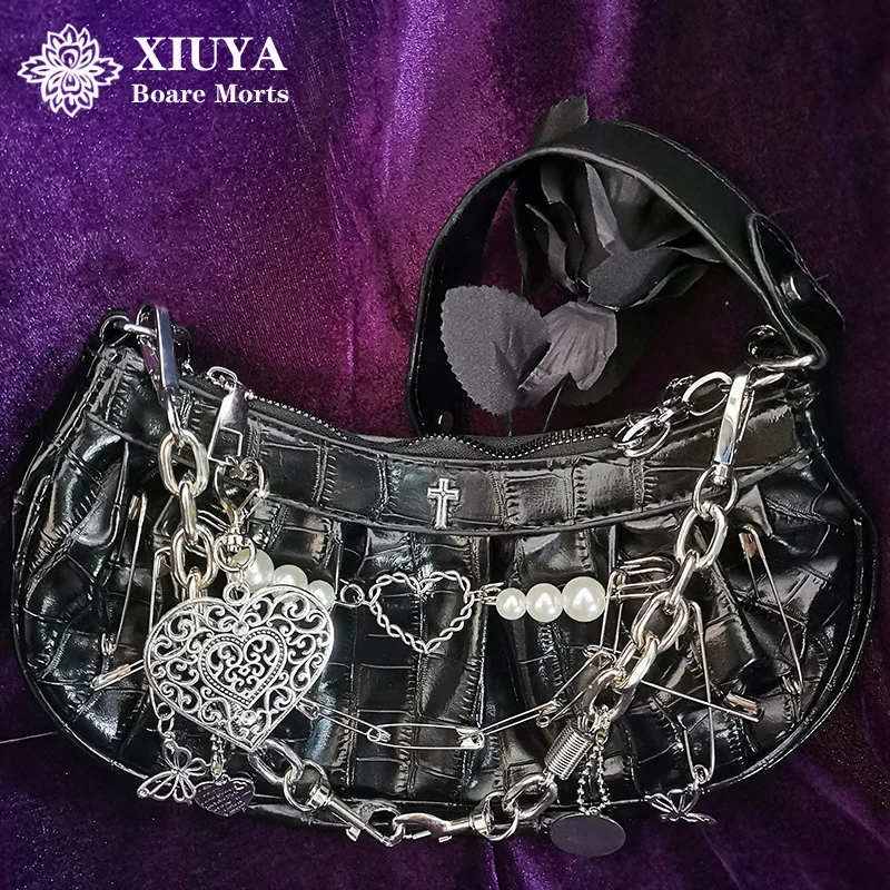 

Harajuku Gothic Shoulder Bag Women 2023 Vintage Cross Clip Pearl Chain Goth Bag Pleated Dumplings Handbag Woman Clutch