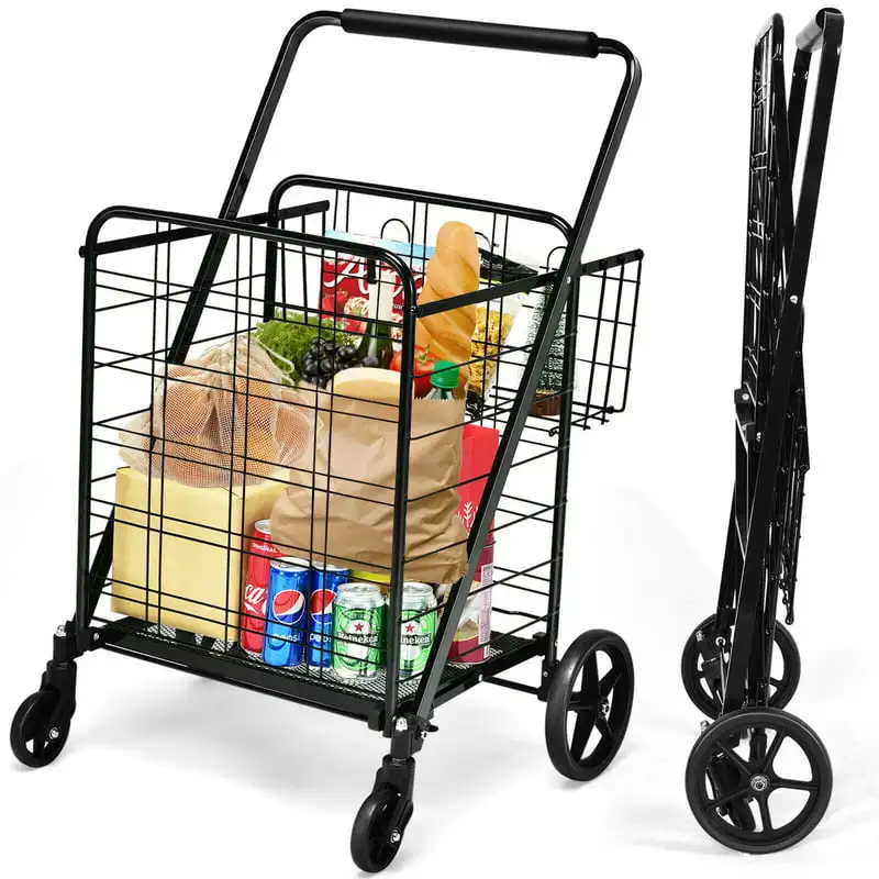 

Duty Folding Shopping Cart Utility Jumbo Double Basket 330lbs Black