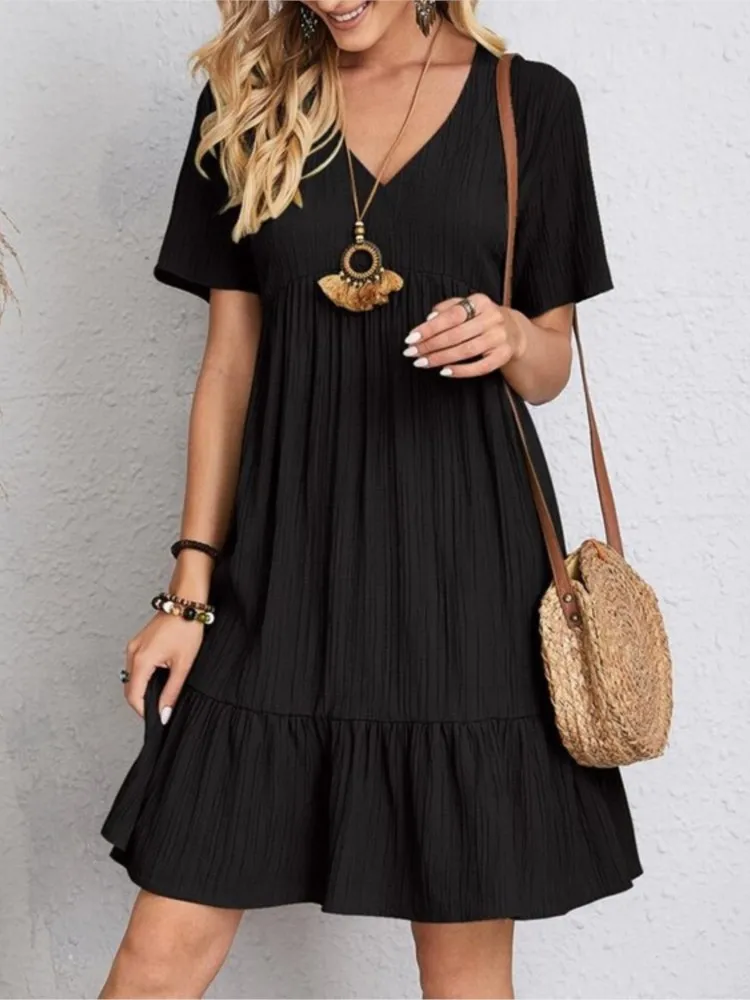 

Elegant Women Mini Dresses 2023 Summer Chic Solid V Neck Loose Lace Up Dress Female Casual Short Sleeve Beach Dress Vestidos