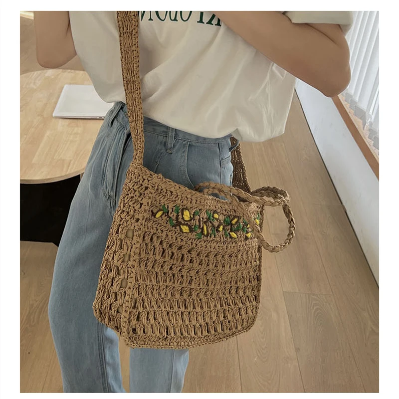 Summer Straw Bag Design Hand Woven Lemon Pattern Handbag Large Capacity Hollow Out Tote Bali Bohemia Holiday Beach Shoulder Bag