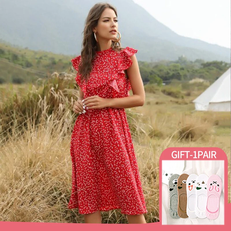 

Красное платье с принтом Love, летняя женская одежда, элегантное женское шифоновое платье средней длины с оборками в европейском стиле