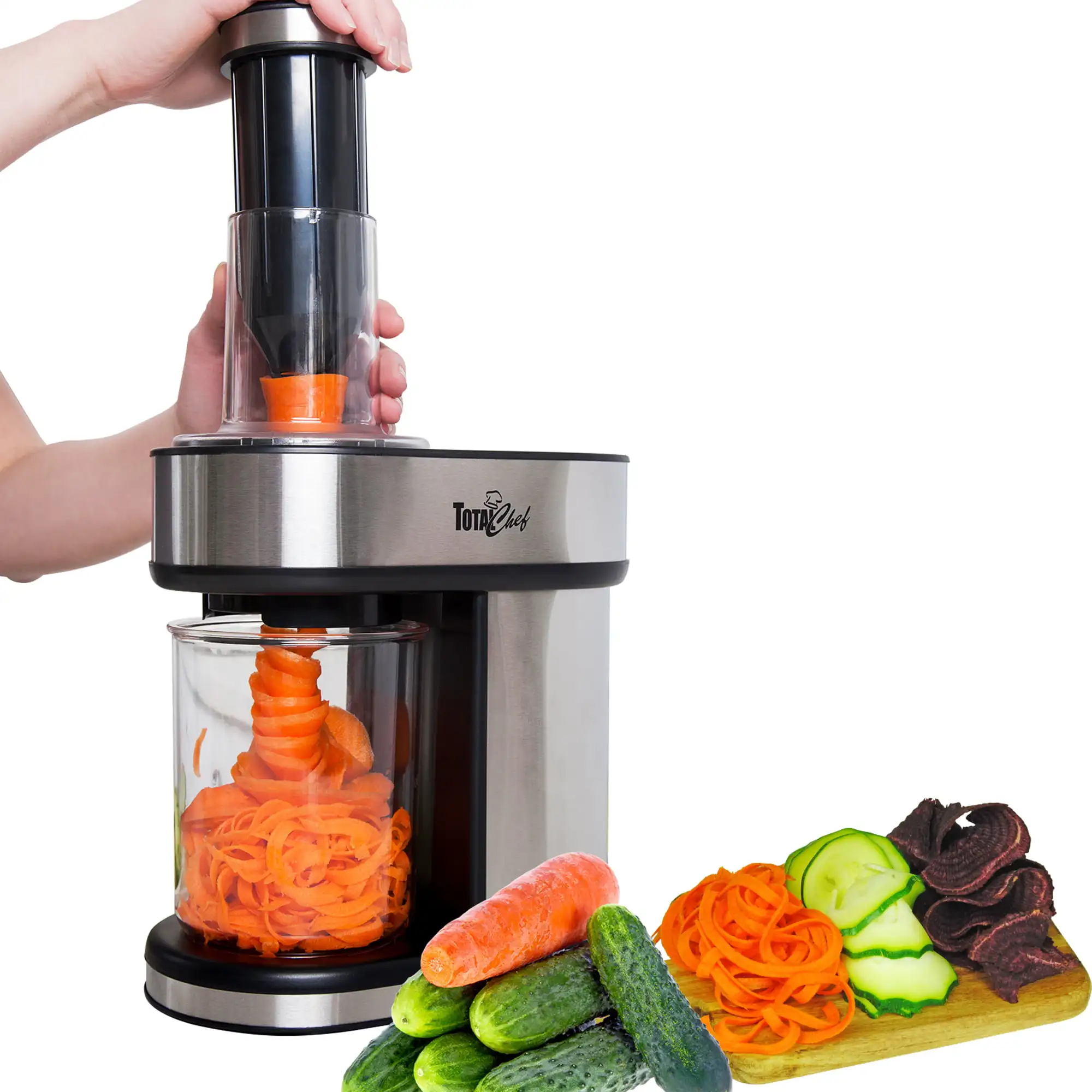 

3-in-1 Automatic Vegetable Spiralizer and Slicer, 3 Blade Attachments for Veggie Spaghetti, Noodles, and Ribbons, Black and Sil