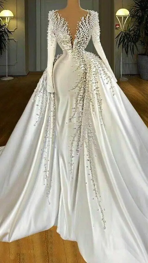 

Женское атласное свадебное платье с жемчужинами, элегантное платье с юбкой-годе, V-образным вырезом и длинным рукавом, элегантное бальное платье, модель 2023