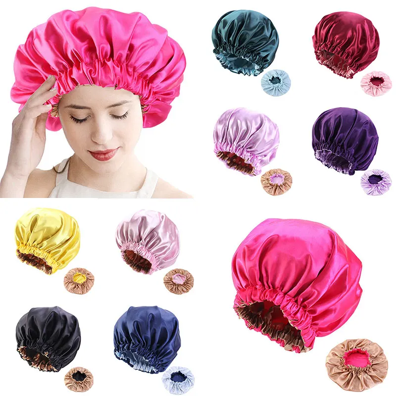 

New Reversible Satin Bonnet double layer adjustable size Sleep Night Cap Head Cover Bonnet Hat for For Curly Springy Hair Black
