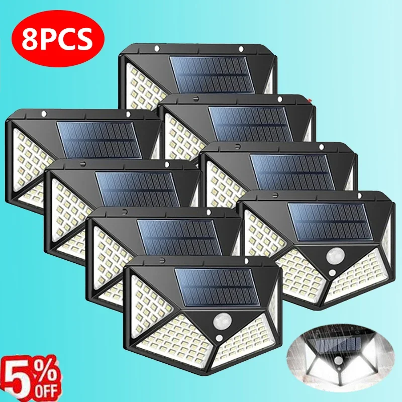 

100LED Solar Wall Lights Outdoor 1/2/4/6/8Pcs Lamp PIR Motion Sensor Solar Powered Sunlight Street Light for Garden Courtyard