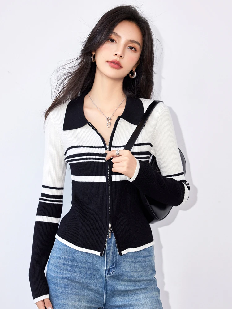 

ZJYT Autumn Winter Cardigan Women's Sweater Korean Fashion Long Sleeve Color Block Zipper Knitting Tops Ropa De Mujer Pull Femme