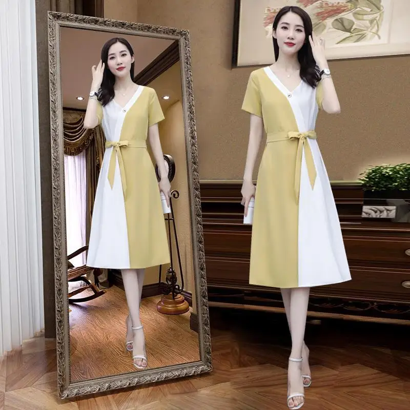 

Summer Korean Office Ladies V-Neck Dress Female Short Sleeve Women Chiffon Clothing Vintage Dresses Mujer Vestidos
