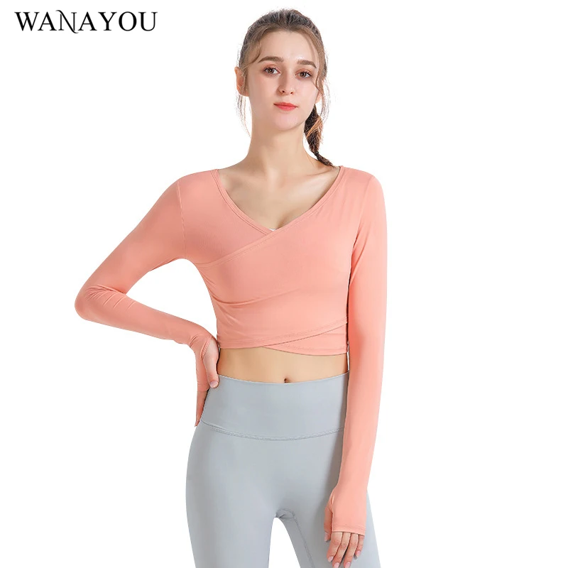 

Женская футболка для йоги WANAYOU с длинным рукавом, сексуальные футболки для йоги с открытым пупком, Однотонная футболка для йоги, кроп-топы дл...